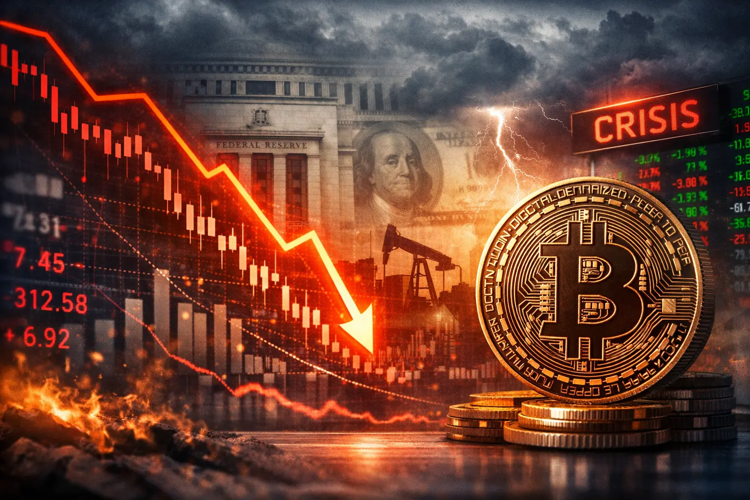 Graph of cryptocurrencies falling down with bitcoin symbol