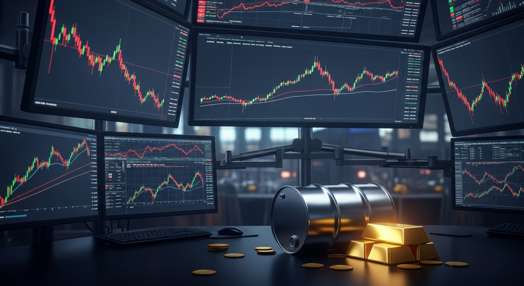 Sophisticated financial trading screens displaying declining red charts alongside subtle visual elements of oil and gold, representing a market selloff driven by geopolitical strain.