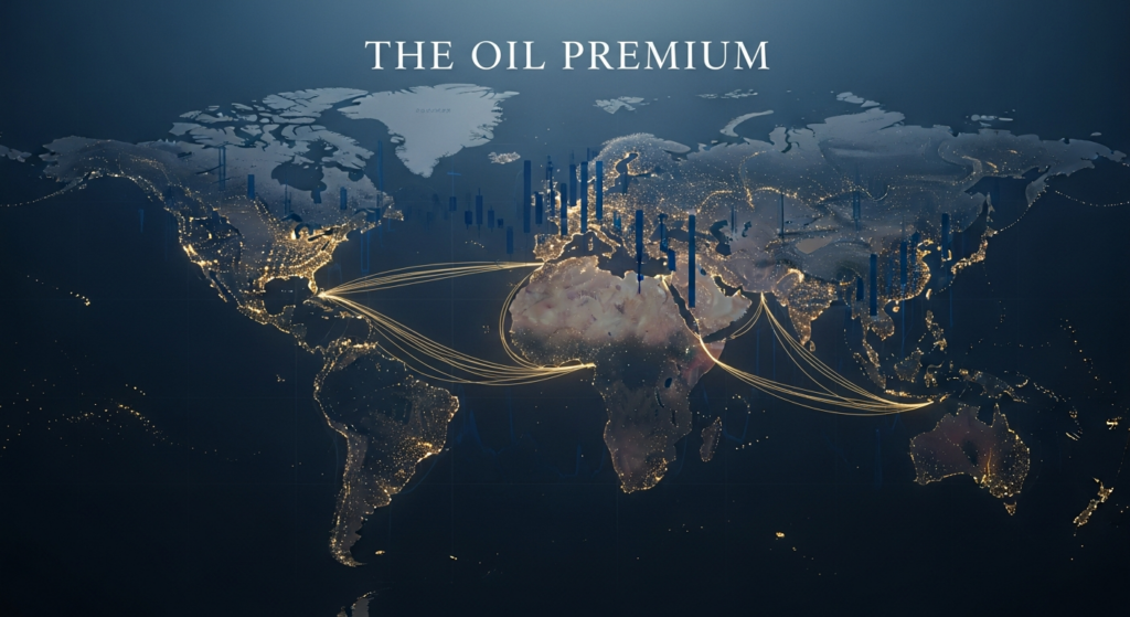 Dimly lit global map with maritime shipping routes and gold financial charts, conveying geopolitical tension in the global oil market.