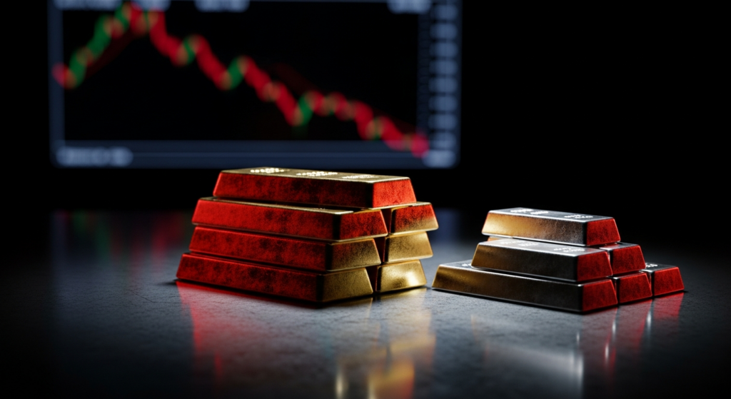 Gold and silver bars on a dark reflective surface illuminated by a red downward market trend glow